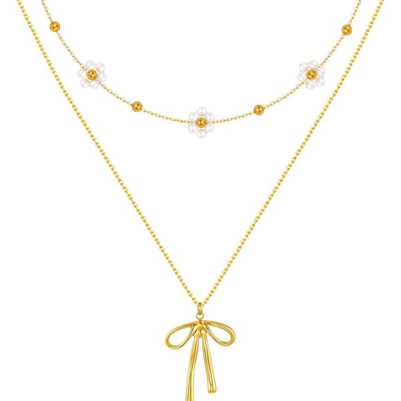 Women’s Gold Pearl Necklace Set Dainty Layered Bow Flower Jewelry Gift - Picture 7 of 7